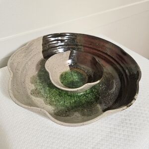 Art Pottery Crystalline Chip Dip Bowl Crushed Glass Signed Food Serving 2000